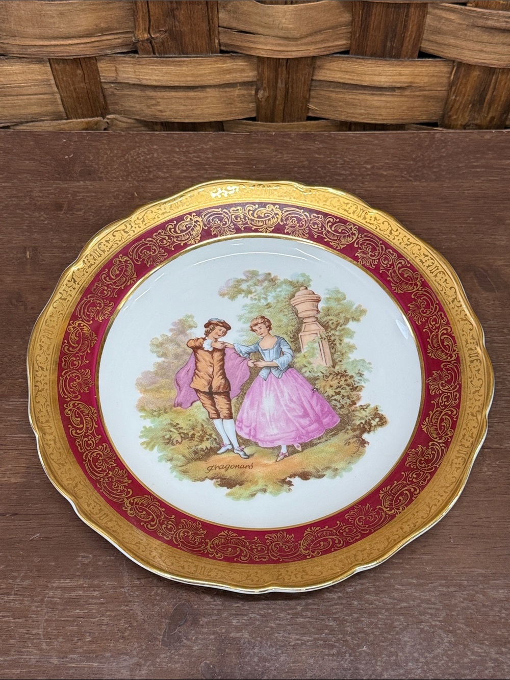 Limoges Gold and Red Decorative Porcelain Plate with Courting Couple